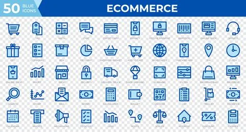 Set of 50 Ecommerce web icons in line blue style. Credit card, profit, invo.. Stock Illustration
