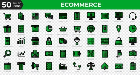 Set of 50 Ecommerce web icons in filled outline style. Credit card, profit,.. Stock Illustration