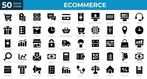 Set of 50 Ecommerce web icons in solid style. Credit card, cart, invoice. S.. Stock Illustration