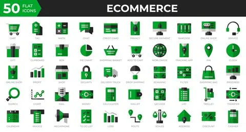 Set of 50 Ecommerce web icons in flat style. Credit card, profit, invoice. .. Stock Illustration