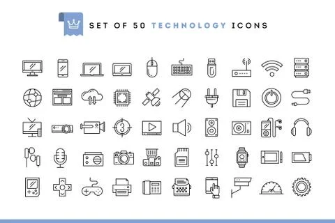Set of 50 technology icons, thin line style Stock Illustration