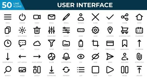 Set of 50 User Interface icons in line style. Menu, calendar, clock. Outlin.. Illustrazione stock