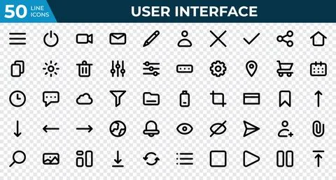 Set of 50 User Interface icons in line style. Menu, calendar, clock. Outlin.. イラスト素材