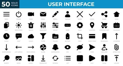Set of 50 User Interface icons in solid style. Menu, calendar, clock. Solid.. Stock Illustration