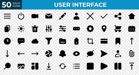 Set of 50 User Interface icons in solid style. Menu, calendar, clock. Solid.. Stock Illustration