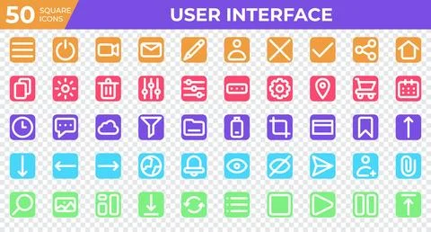 Set of 50 User Interface icons in square style. Menu, calendar, clock. Squa.. Stock Illustration