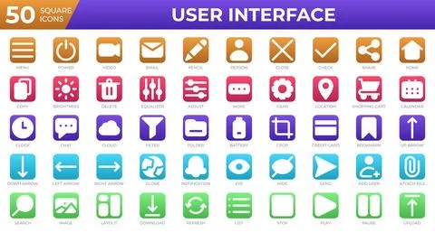 Set of 50 User Interface icons in square style. Menu, calendar, clock. Squa.. Stock Illustration