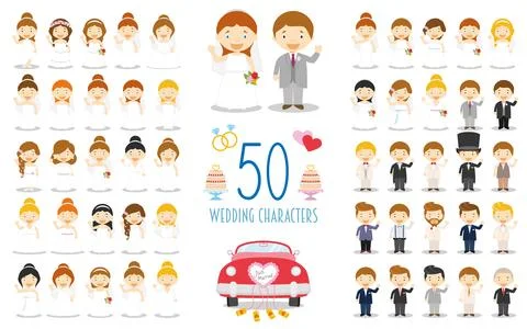 Set of 50 wedding characters and nuptial icons in cartoon style Stock Illustration
