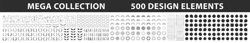 Set of 500 design elements. Wreath, frames, calligraphic, swirls divider, l.. Illustrazione stock