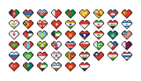Set of 51 pixel art flags of the countries of Asia. Icon set Vector Illustr.. Ilustración de archivo