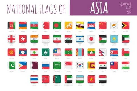 Set of 51 square shaped flags of the countries of Asia. Icon set Vector Ill.. Stock Illustration