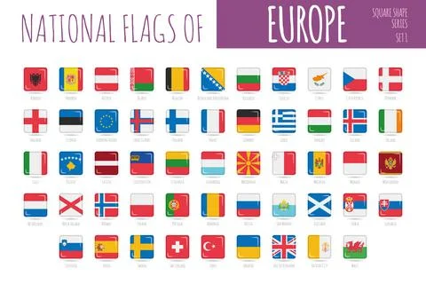 Set of 53 square shaped flags of the countries of Europe. Icon set Vector I.. Stock Illustration