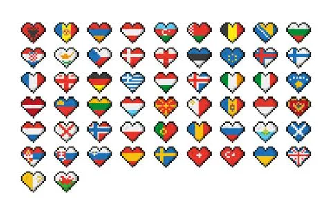 Set of 56 pixel art flags of the countries of Europe. Icon set Vector Illus.. Ilustración de archivo