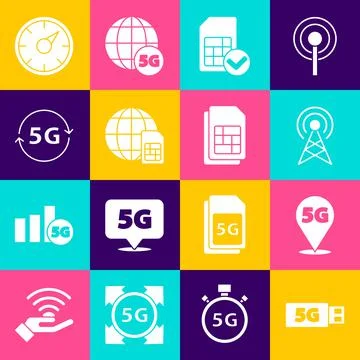 Set 5G modem, Location network, Antenna, Sim card, Globe Card, Digital speed Stock Illustration