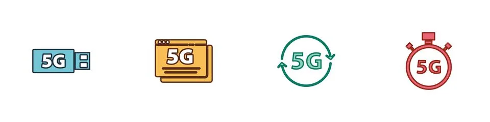 Set 5G modem, network, and Digital speed meter icon. Vector Stock Illustration