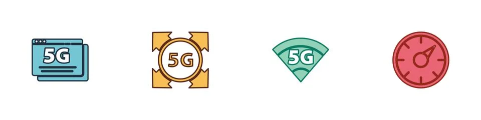Set 5G network, , and Digital speed meter icon. Vector 스톡 일러스트