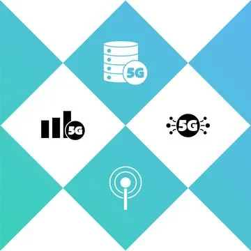 Set 5G network, Antenna, Server and  icon. Vector Stock Illustration