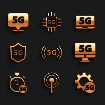 Set 5G network, Antenna, Setting, Monitor with, Digital speed meter, Protective Stock Illustration