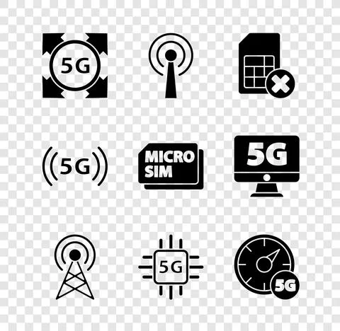 Set 5G network, Antenna, Sim card rejected, Processor, Digital speed meter, and Stock Illustration