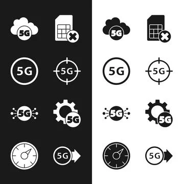 Set 5G network, Cloud, Sim card rejected, Setting, and Digital speed meter icon Stock Illustration