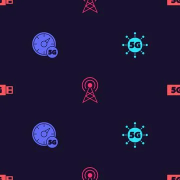 Set 5G network, Digital speed meter, Antenna and modem on seamless pattern 스톡 일러스트