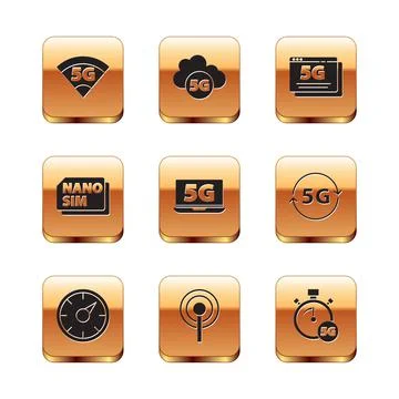 Set 5G network, Digital speed meter, Antenna, Laptop with, Nano Sim Card, and Stock Illustration