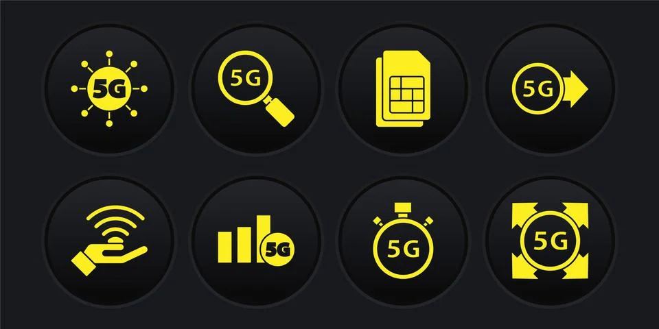 Set 5G network, Digital speed meter, Sim card, Search, and icon. Vector Stock Illustration