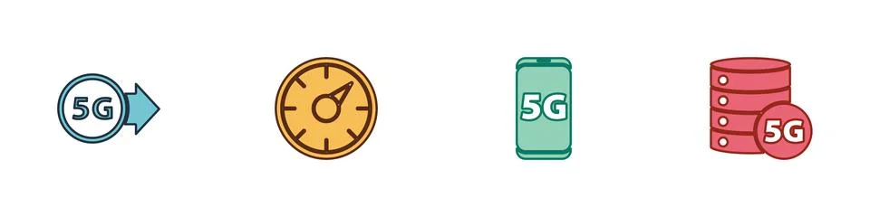 Set 5G network, Digital speed meter, Mobile with and Server icon. Vector 스톡 일러스트