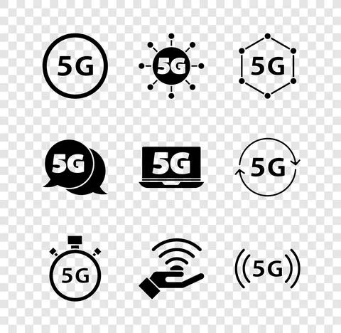 Set 5G network, Digital speed meter, and Laptop with icon. Vector イラスト素材