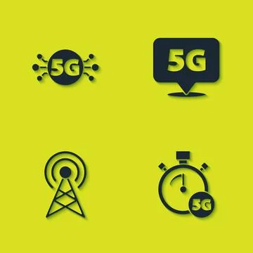 Set 5G network, Digital speed meter, Antenna and Location icon. Vector 스톡 일러스트