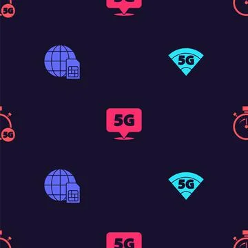 Set 5G network, Globe Sim Card, Location and Digital speed meter on seamless Stock Illustration