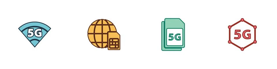 Set 5G network, Globe Sim Card, and icon. Vector Stock Illustration
