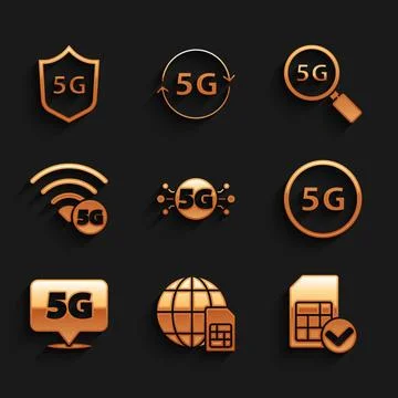 Set 5G network, Globe Sim Card, card, Location, Search and Protective shiel.. Stock Illustration