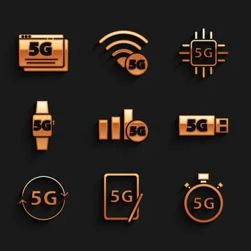 Set 5G network, Graphic tablet with, Digital speed meter, modem, Smart watc.. Stock Illustration