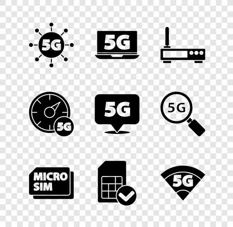 Set 5G network, Laptop with, Router and wi-fi signal, Micro Sim Card, card Stock Illustration