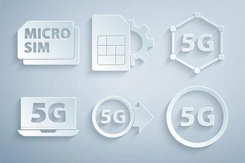 Set 5G network, Laptop with, Sim card setting and Micro Card icon. Vector Stock Illustration