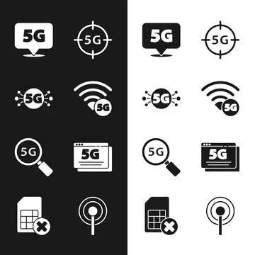 Set 5G network, Location, Search, Antenna and Sim card rejected icon. Vector Stock Illustration