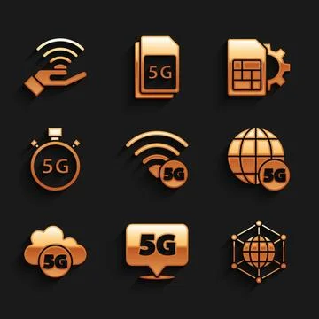 Set 5G network, Location, Social, Cloud, Digital speed meter, Sim card sett.. Illustrazione stock