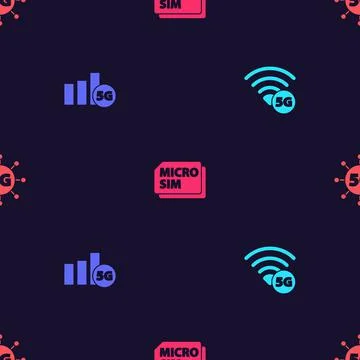 Set 5G network, , Micro Sim Card and on seamless pattern. Vector Illustrazione stock