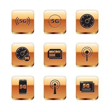 Set 5G network, Mobile with, Antenna, Micro Sim Card, Digital speed meter, and Illustrazione stock