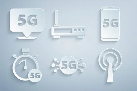 Set 5G network, Mobile with, Digital speed meter, Antenna, Router and wi-fi Stock Illustration