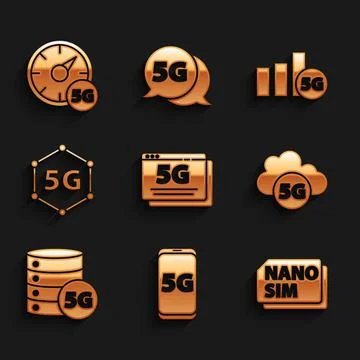 Set 5G network, Mobile with, Nano Sim Card, Cloud, Server, and Digital speed Stock Illustration