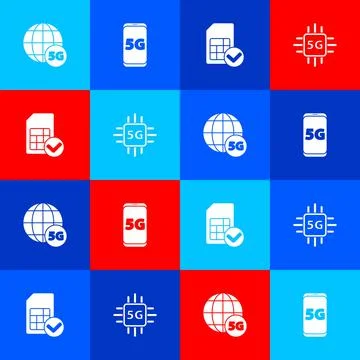 Set 5G network, Mobile with, Sim card and Processor icon. Vector Stock Illustration