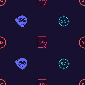 Set 5G network, Phone with, Graphic tablet and on seamless pattern. Vector 스톡 일러스트
