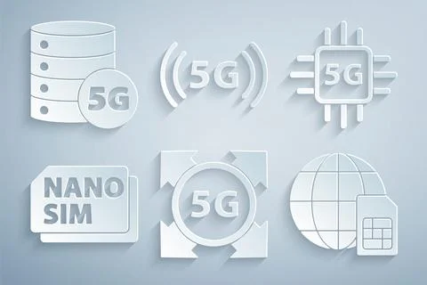 Set 5G network, Processor, Nano Sim Card, Globe, and Server icon. Vector Illustrazione stock