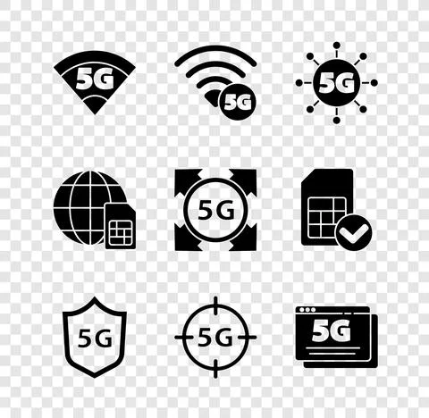 Set 5G network, Protective shield, Globe Sim Card and icon. Vector Stock Illustration