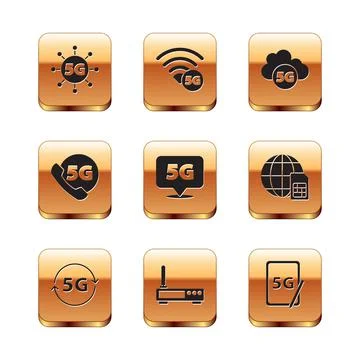 Set 5G network, Router and wi-fi signal, Location, Phone with, Cloud, Graphic Stock Illustration