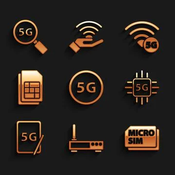 Set 5G network, Router and wi-fi signal, Micro Sim Card, Processor, Graphic t Stock Illustration
