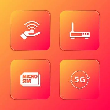 Set 5G network, Router and wi-fi signal, Micro Sim Card and  icon. Vector Stock Illustration
