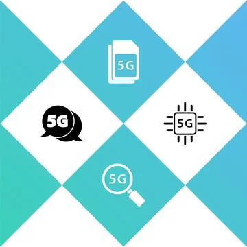 Set 5G network, Search, Sim Card and Processor icon. Vector Stock Illustration